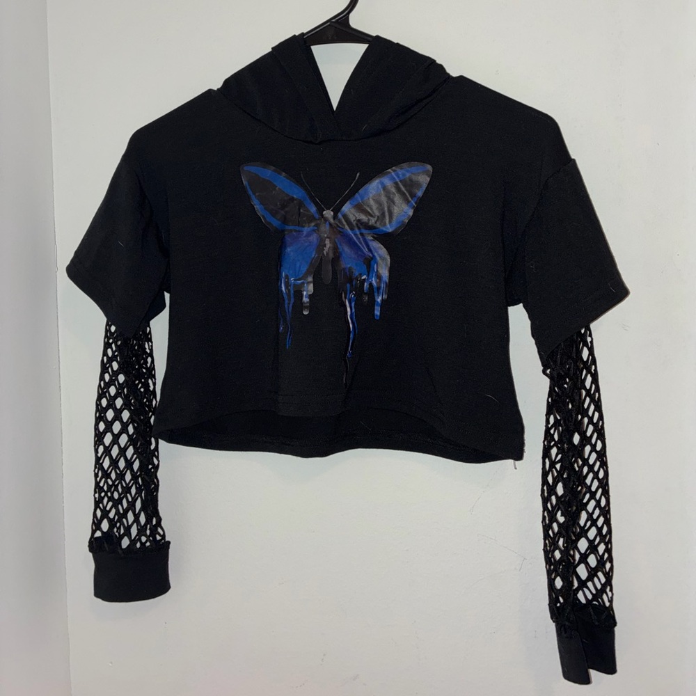 Black Cropped Hoodie with Blue Drip Butterfly